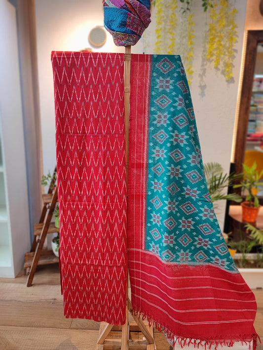 Red and teal green Pure Cotton Handloom Ikkat Suit Set