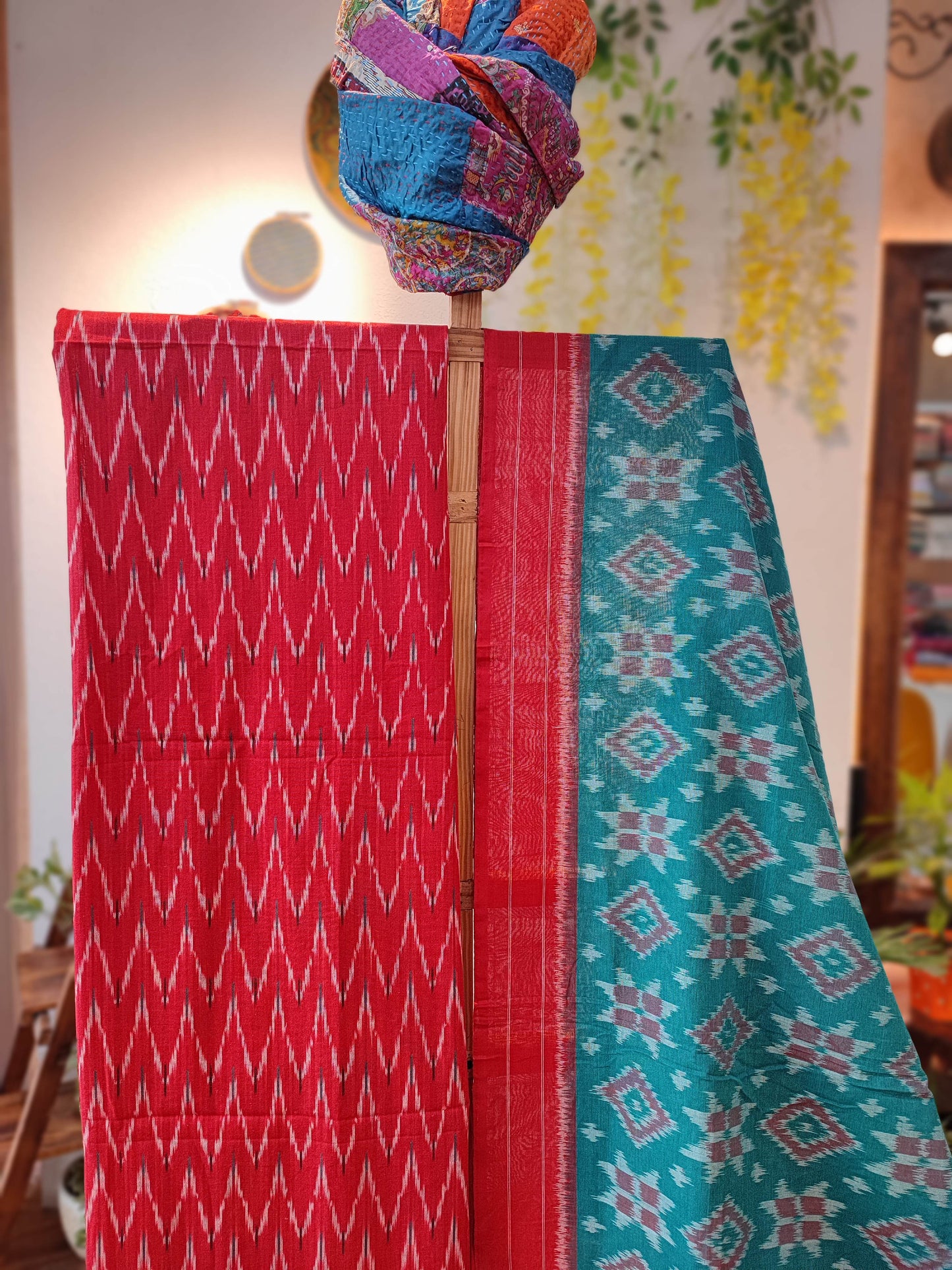 Red and teal green Pure Cotton Handloom Ikkat Suit Set