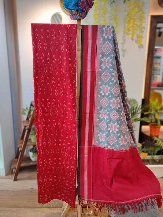 Red Pure Cotton Handloom Ikkat Suit Set