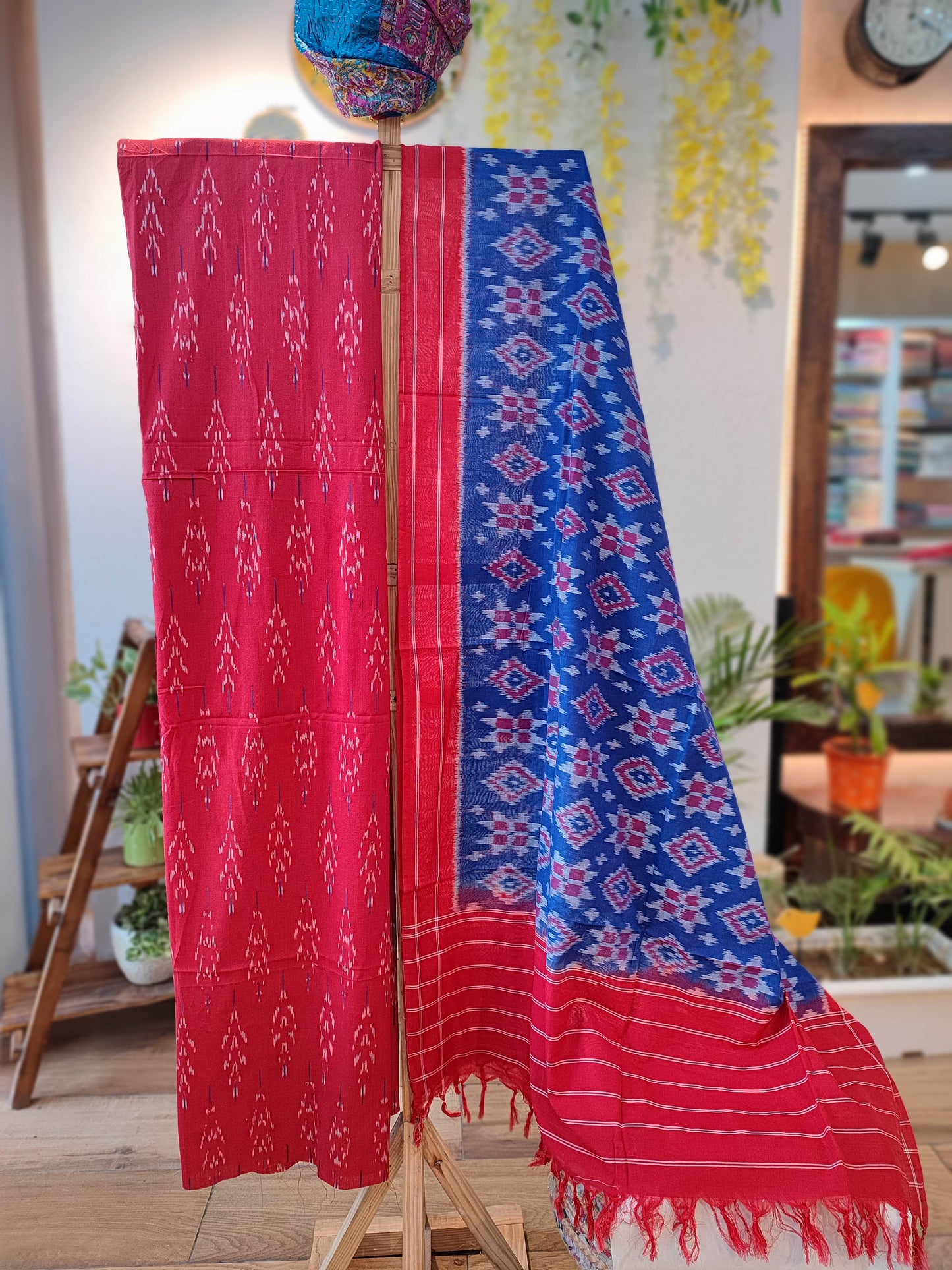 Red and Blue Pure Cotton Handloom Ikkat Suit Set