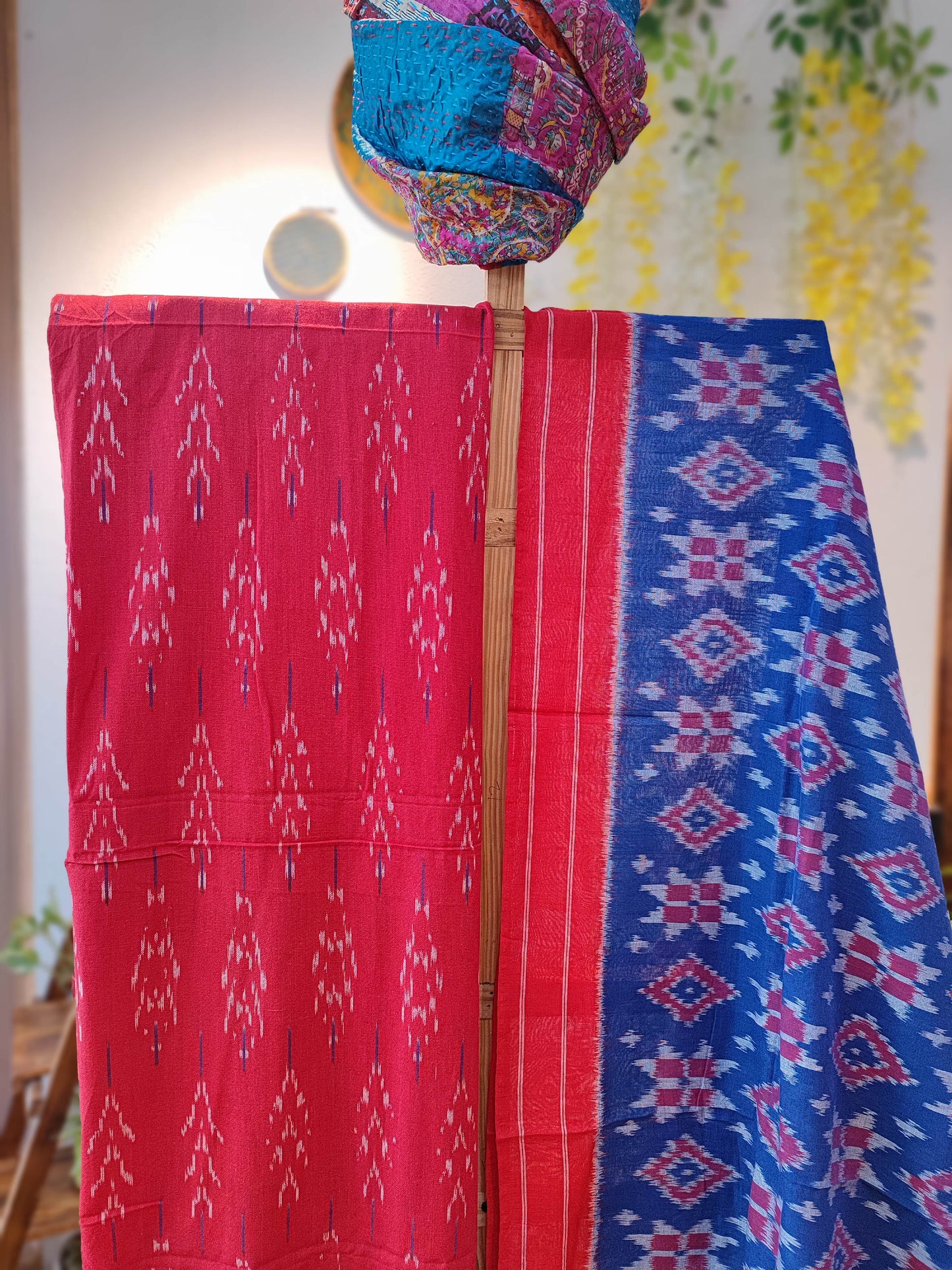 Red and Blue Pure Cotton Handloom Ikkat Suit Set