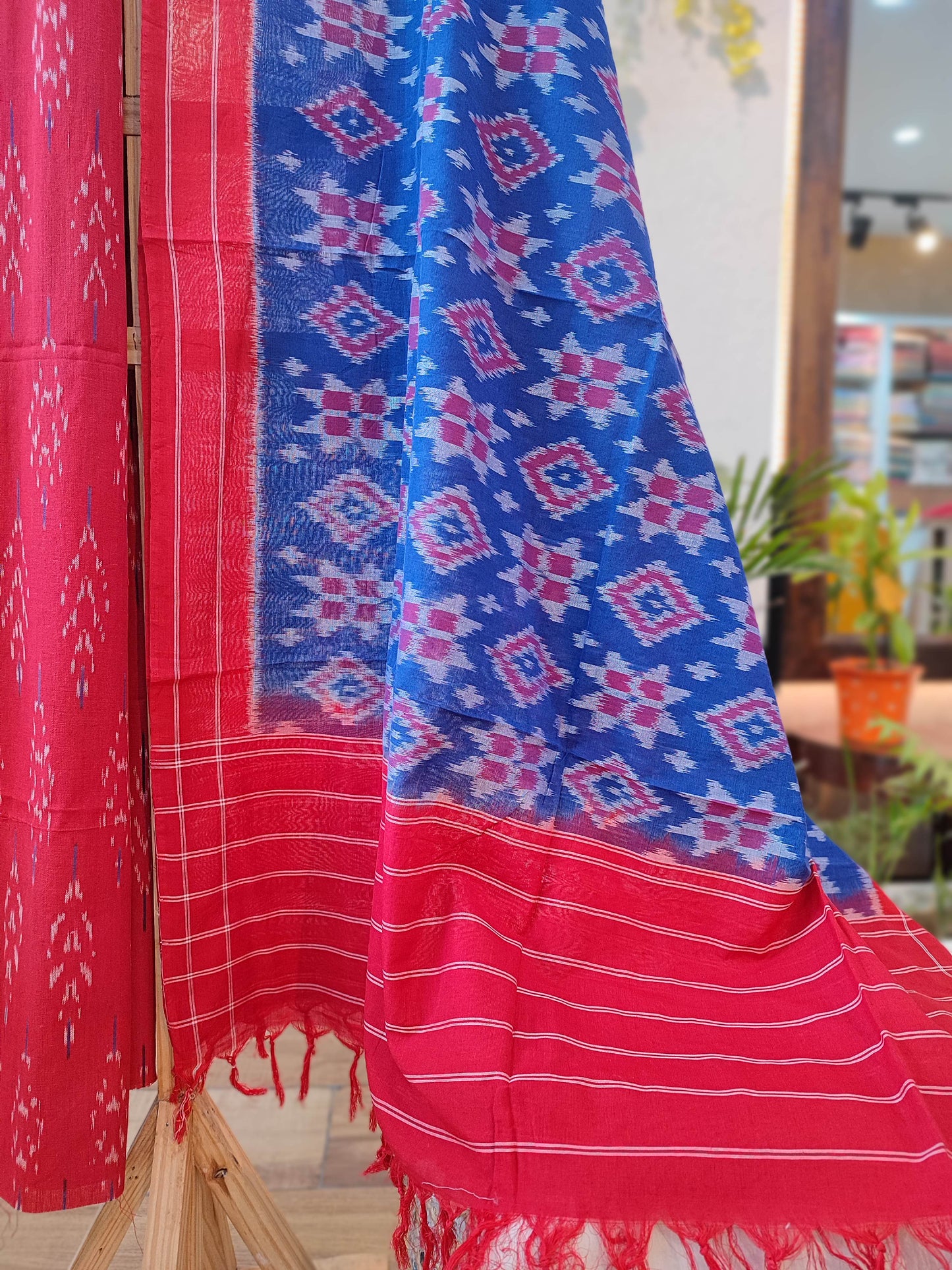 Red and Blue Pure Cotton Handloom Ikkat Suit Set