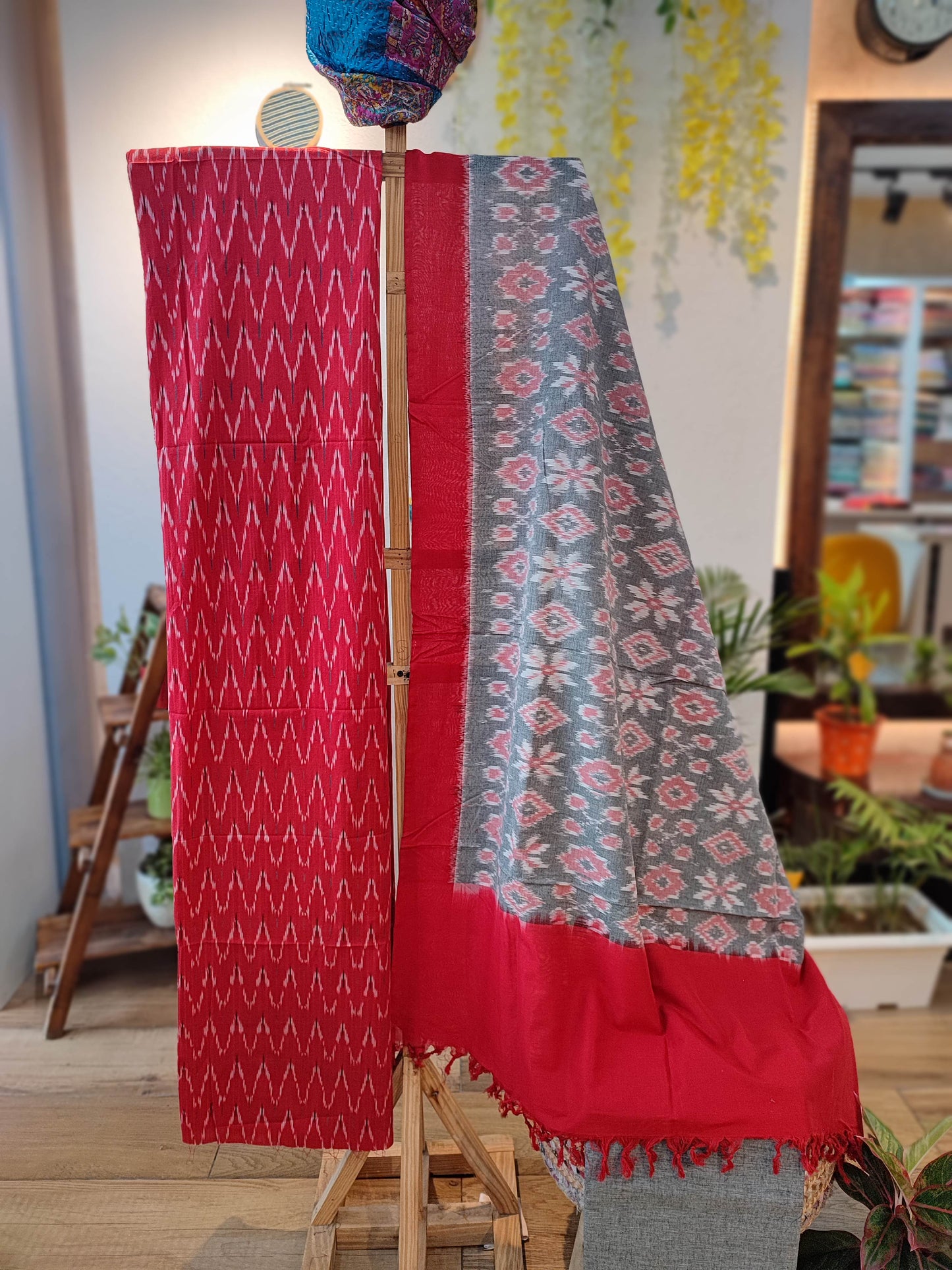 Red grey Pure Cotton Handloom Ikkat Suit Set