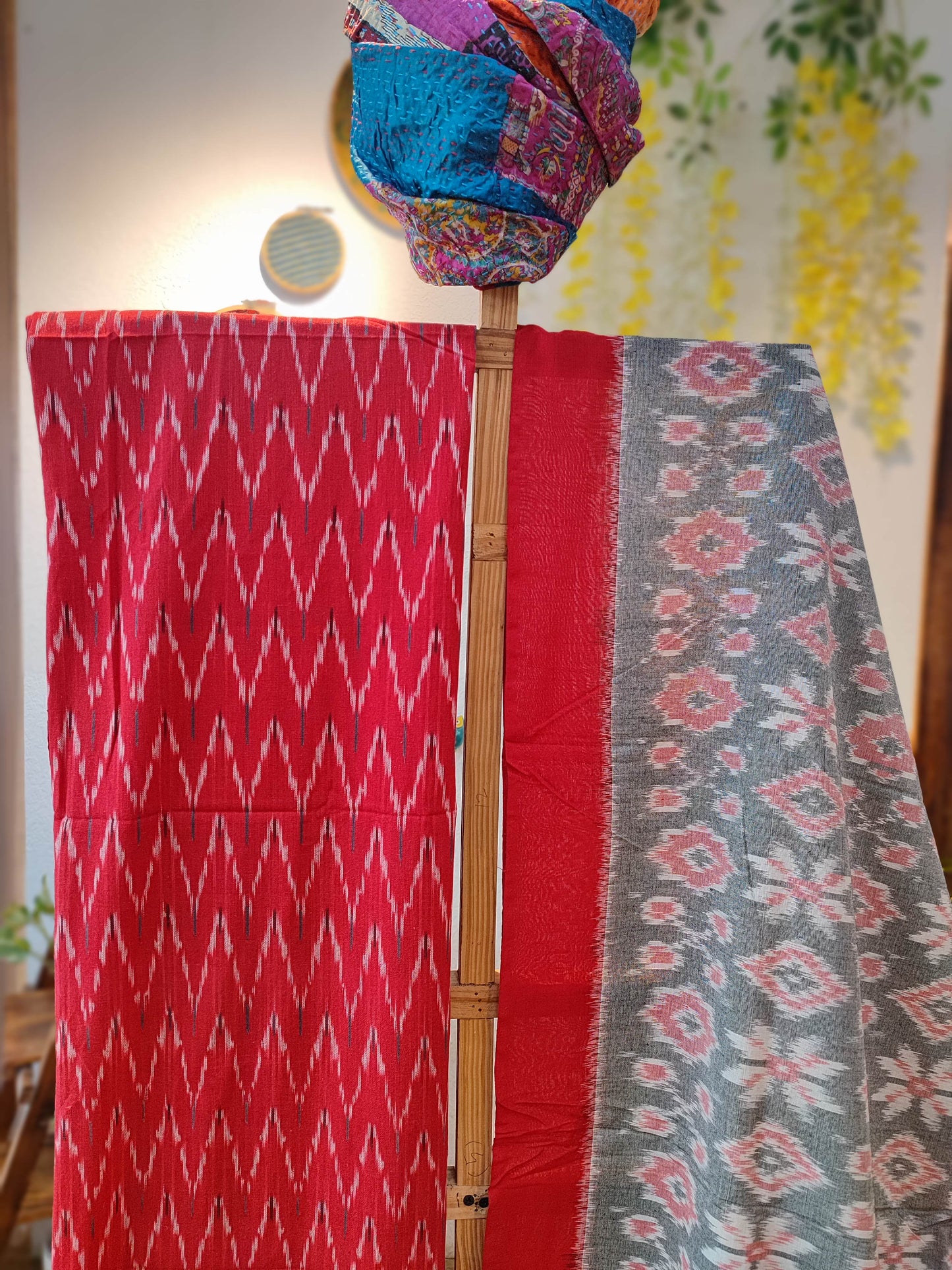 Red grey Pure Cotton Handloom Ikkat Suit Set