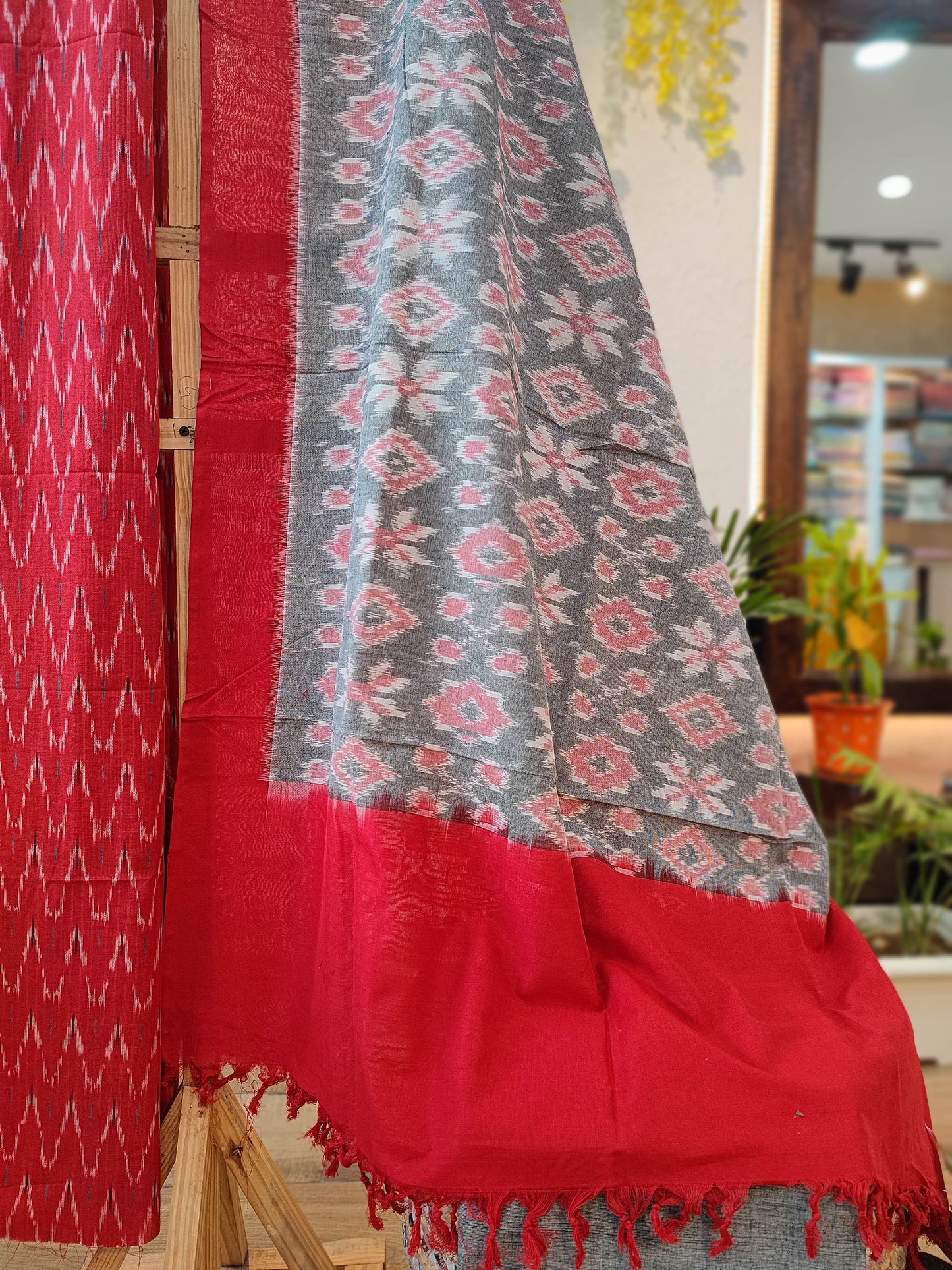 Red grey Pure Cotton Handloom Ikkat Suit Set