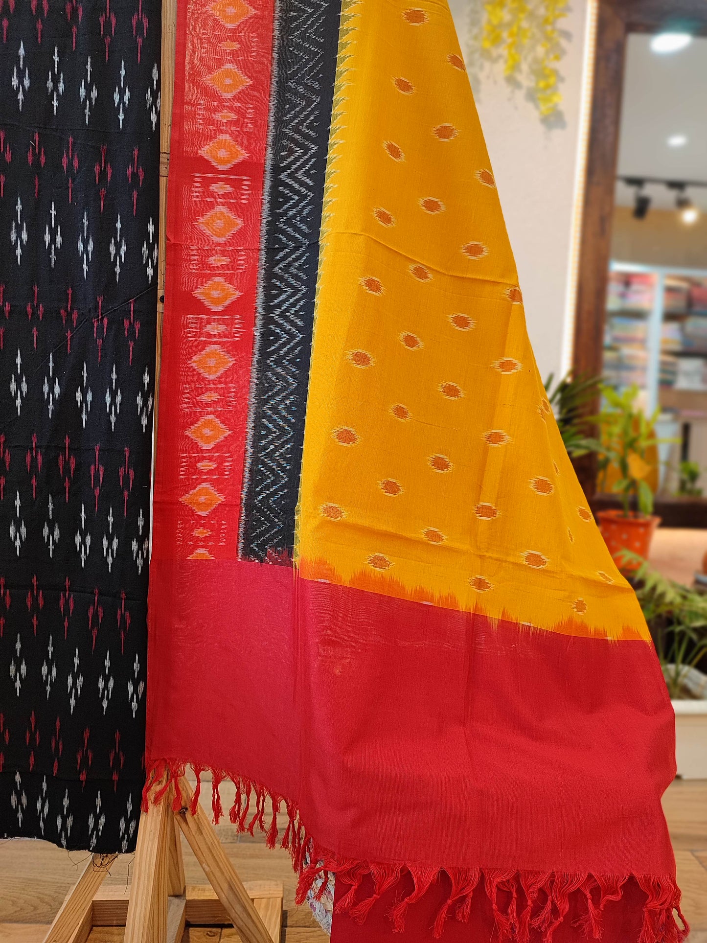 Black and Yellow Pure Cotton Handloom Ikkat Suit Set