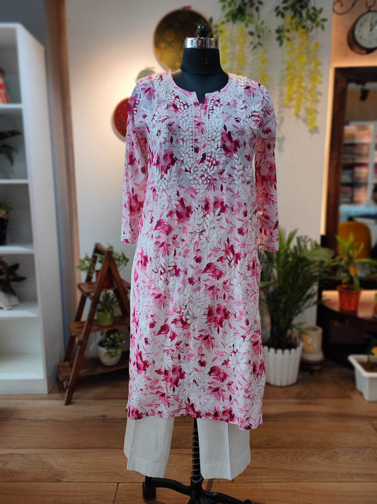 Pure Cotton Floral print  Lucknowi Kurta With Chikankari Embroidery