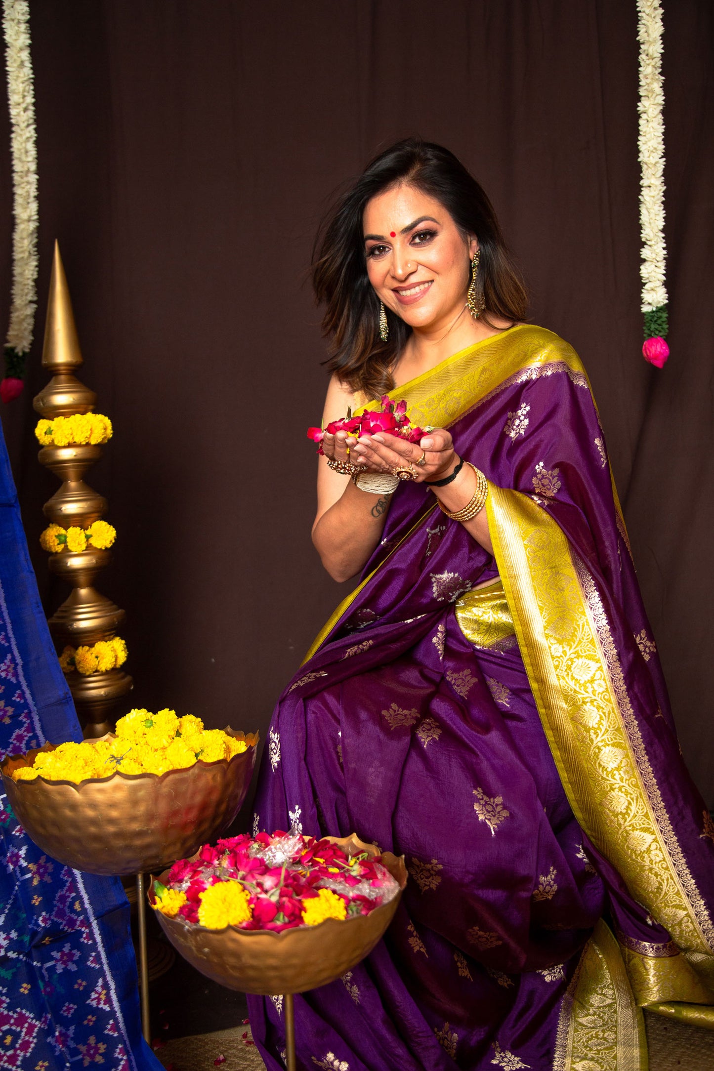 Purple and Golden Green Banarasi Chiniya Silk Saree with Running Blouse