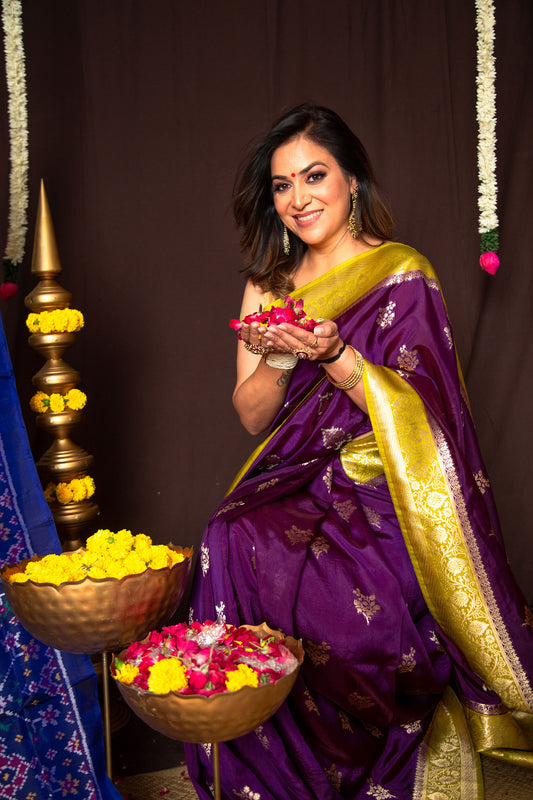 Purple and Golden Green Banarasi Chiniya Silk Saree with Running Blouse