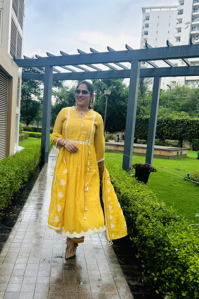 Pineapple Yellow Mul Chanderi Suit With Hand Embroidery and Mul Chanderi Dupatta