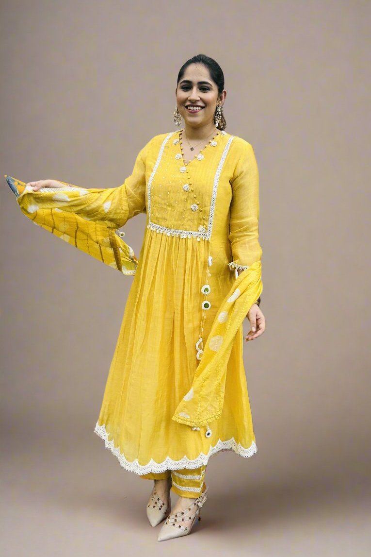 Pineapple Yellow Mul Chanderi Suit With Hand Embroidery and Mul Chanderi Dupatta