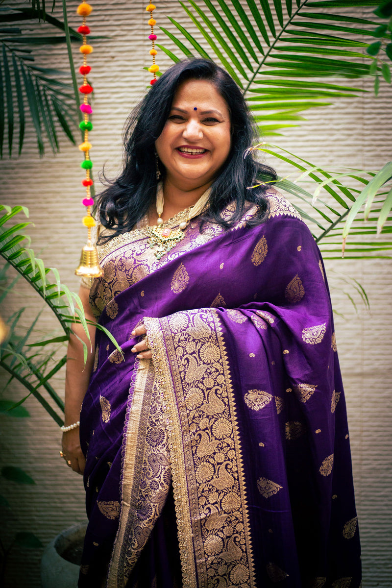 Royal Purple Banarasi Crepe Silk Saree with Handwork Border