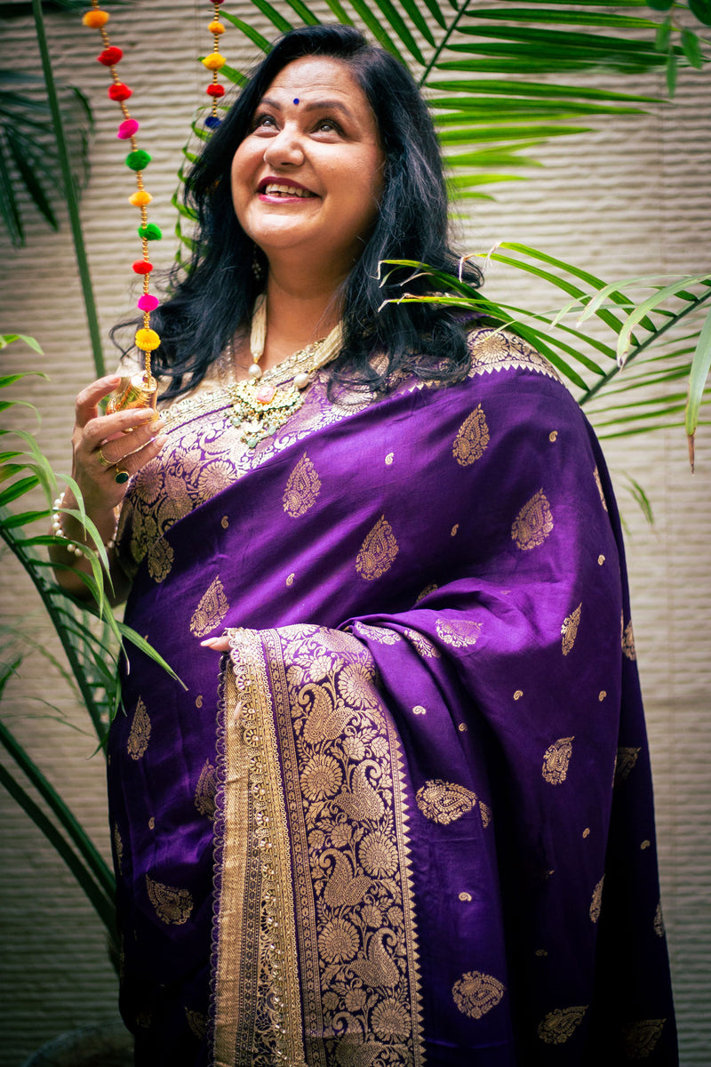 Royal Purple Banarasi Crepe Silk Saree with Handwork Border
