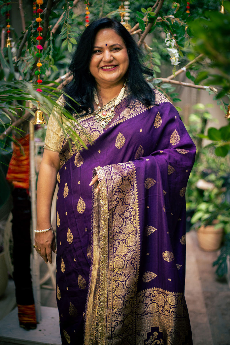 Royal Purple Banarasi Crepe Silk Saree with Handwork Border