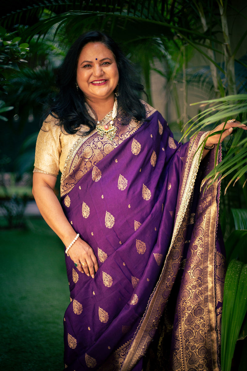 Royal Purple Banarasi Crepe Silk Saree with Handwork Border