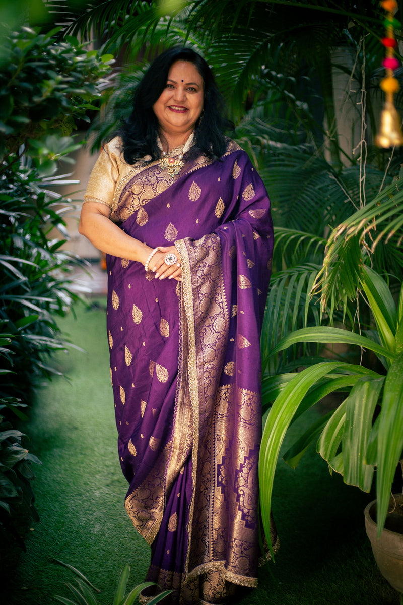 Royal Purple Banarasi Crepe Silk Saree with Handwork Border