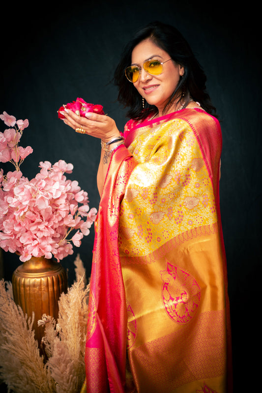 Golden Yellow and Pink Tanchoi Banarasi Silk Saree