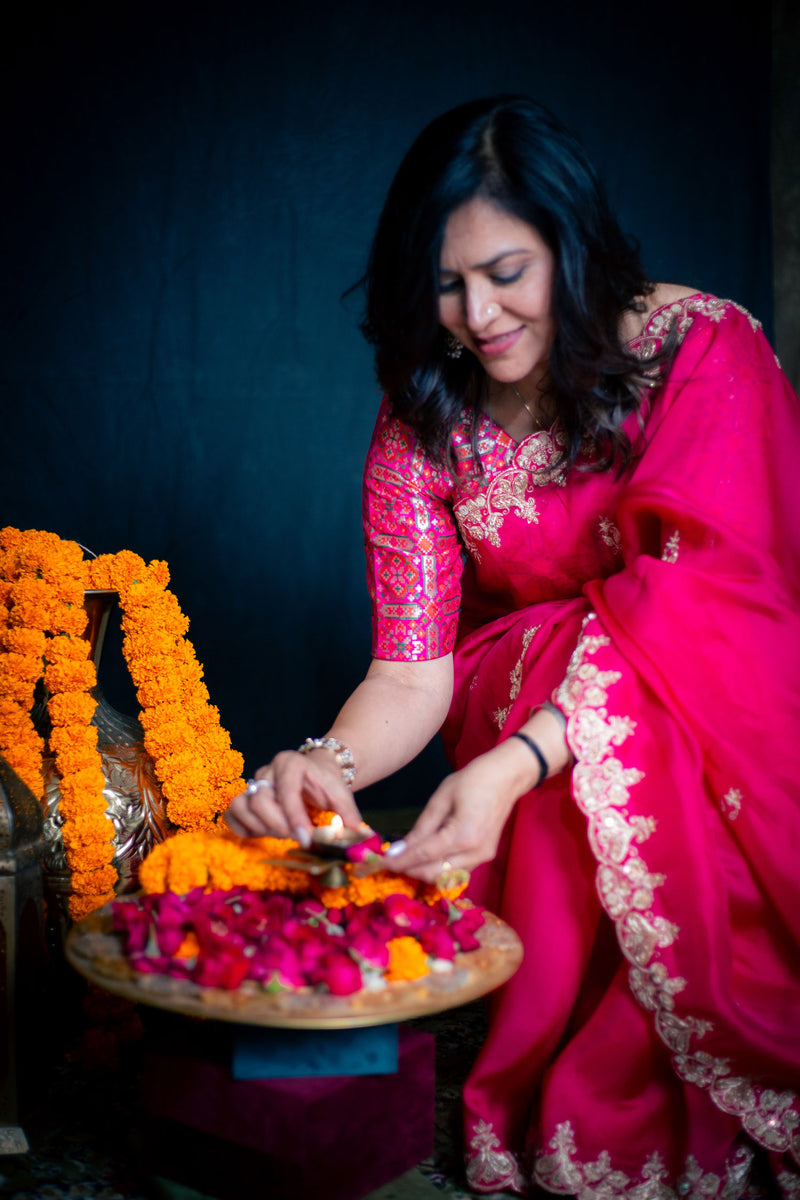 Hot Pink Pure Organza Silk Saree with Handwork
