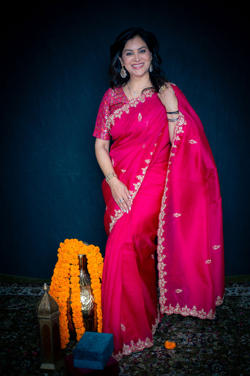 Hot Pink Pure Organza Silk Saree with Handwork