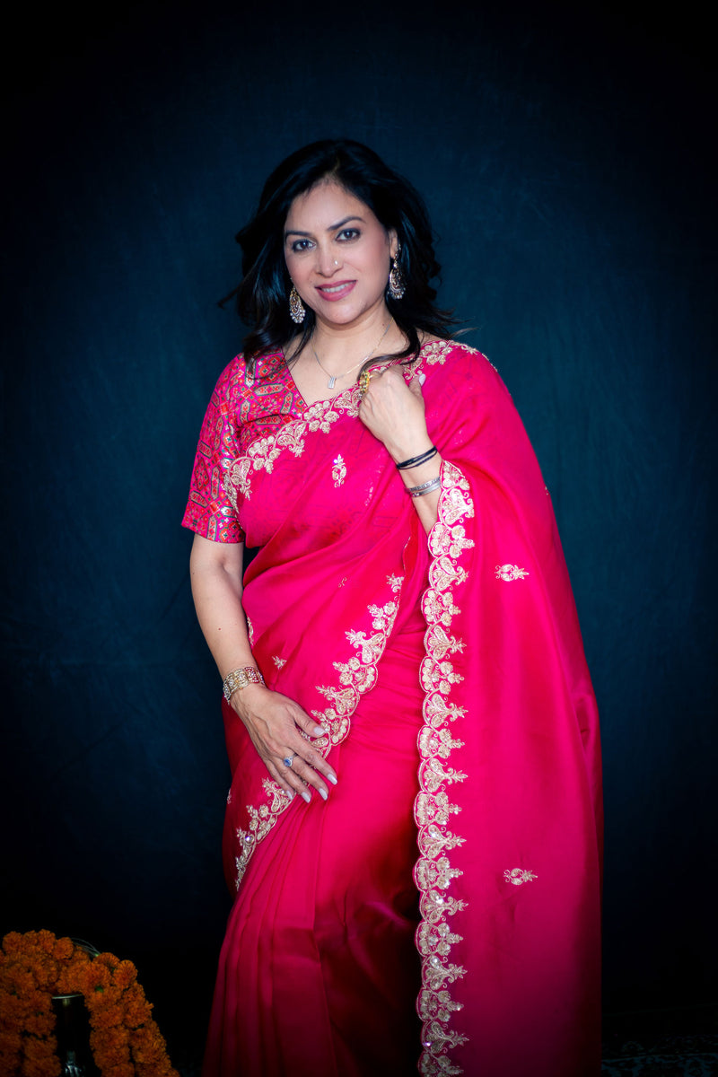 Hot Pink Pure Organza Silk Saree with Handwork