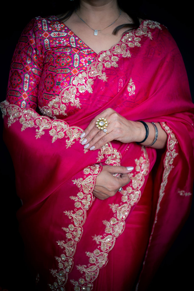 Hot Pink Pure Organza Silk Saree with Handwork
