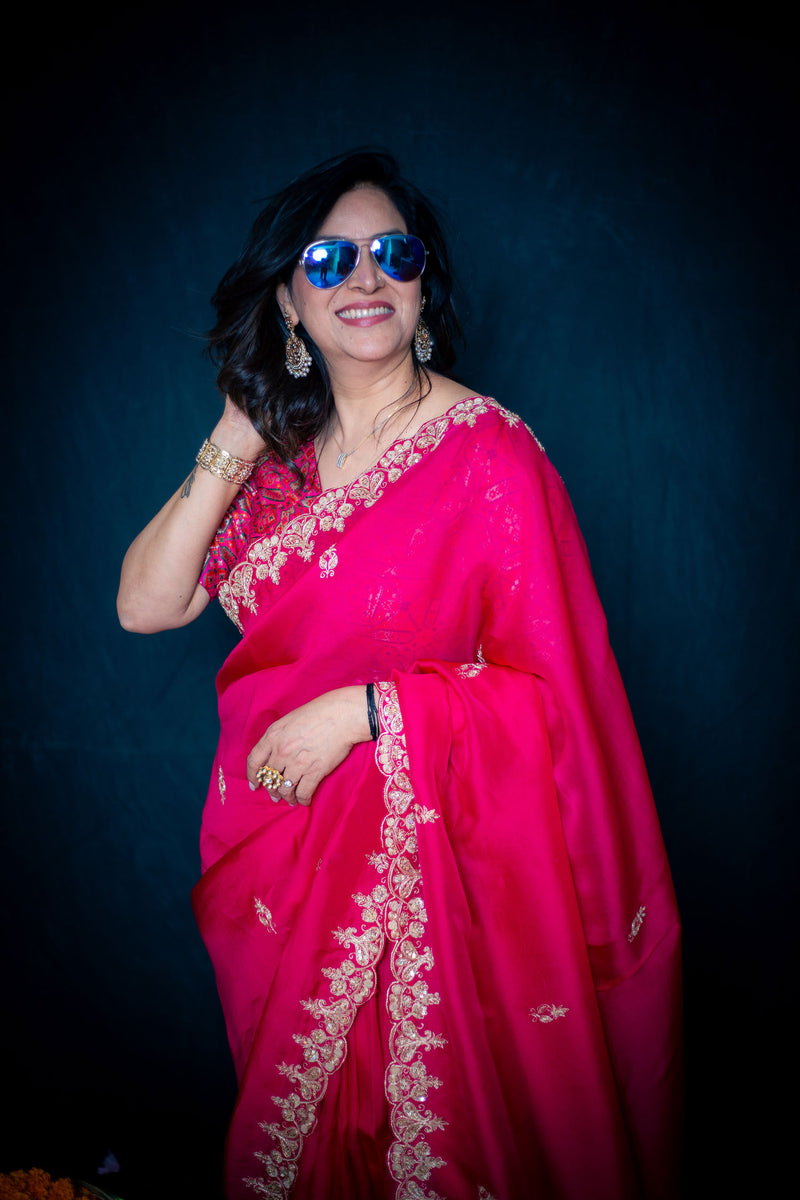 Hot Pink Pure Organza Silk Saree with Handwork