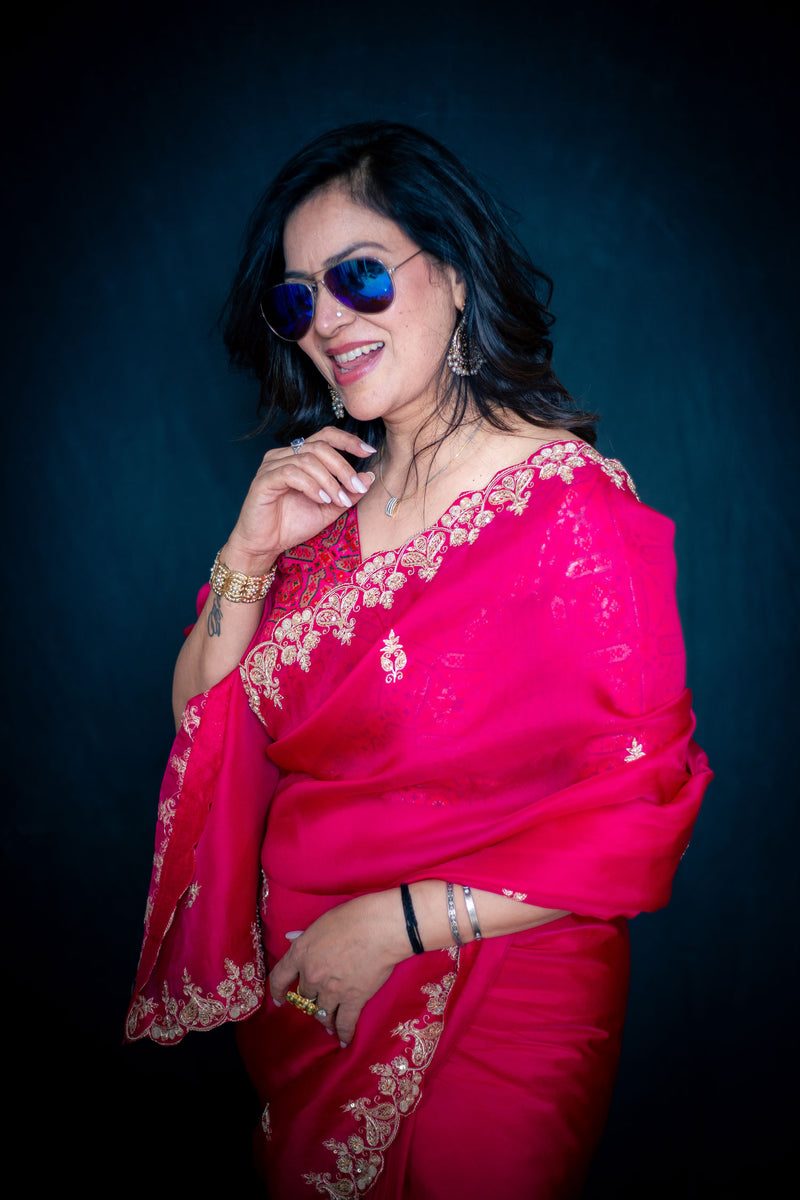 Hot Pink Pure Organza Silk Saree with Handwork