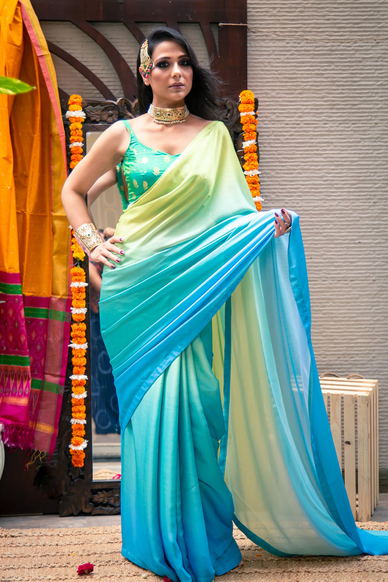 Sky Blue & Lemon Shaded Stitched Italian Crepe Saree