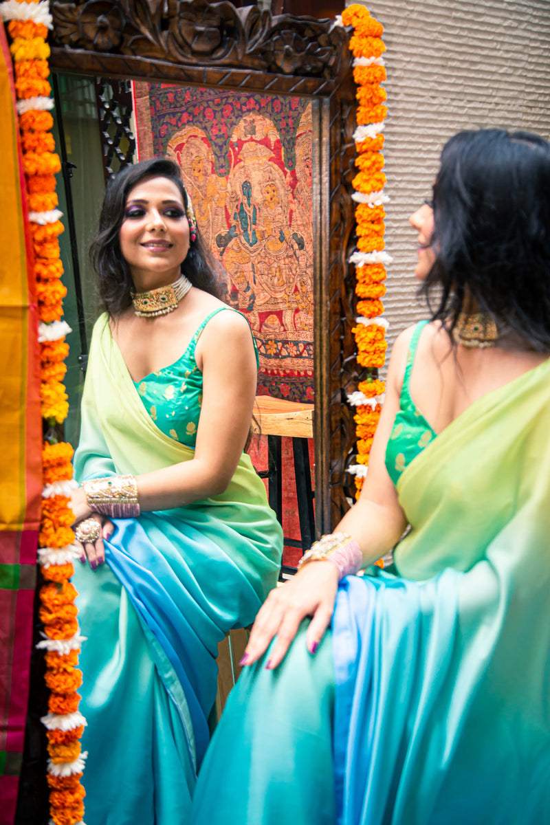Sky Blue & Lemon Shaded Stitched Italian Crepe Saree
