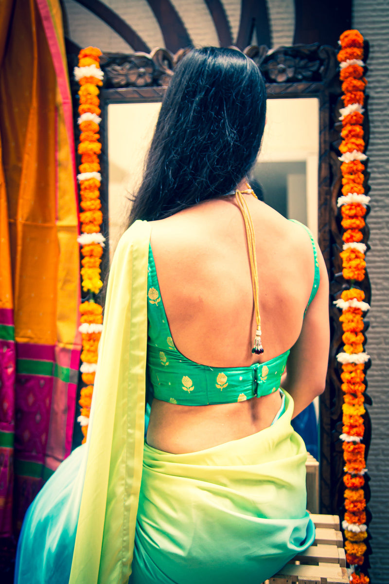 Sky Blue & Lemon Shaded Stitched Italian Crepe Saree