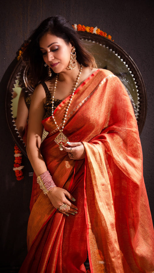 Rust Premium Tissue Linen saree