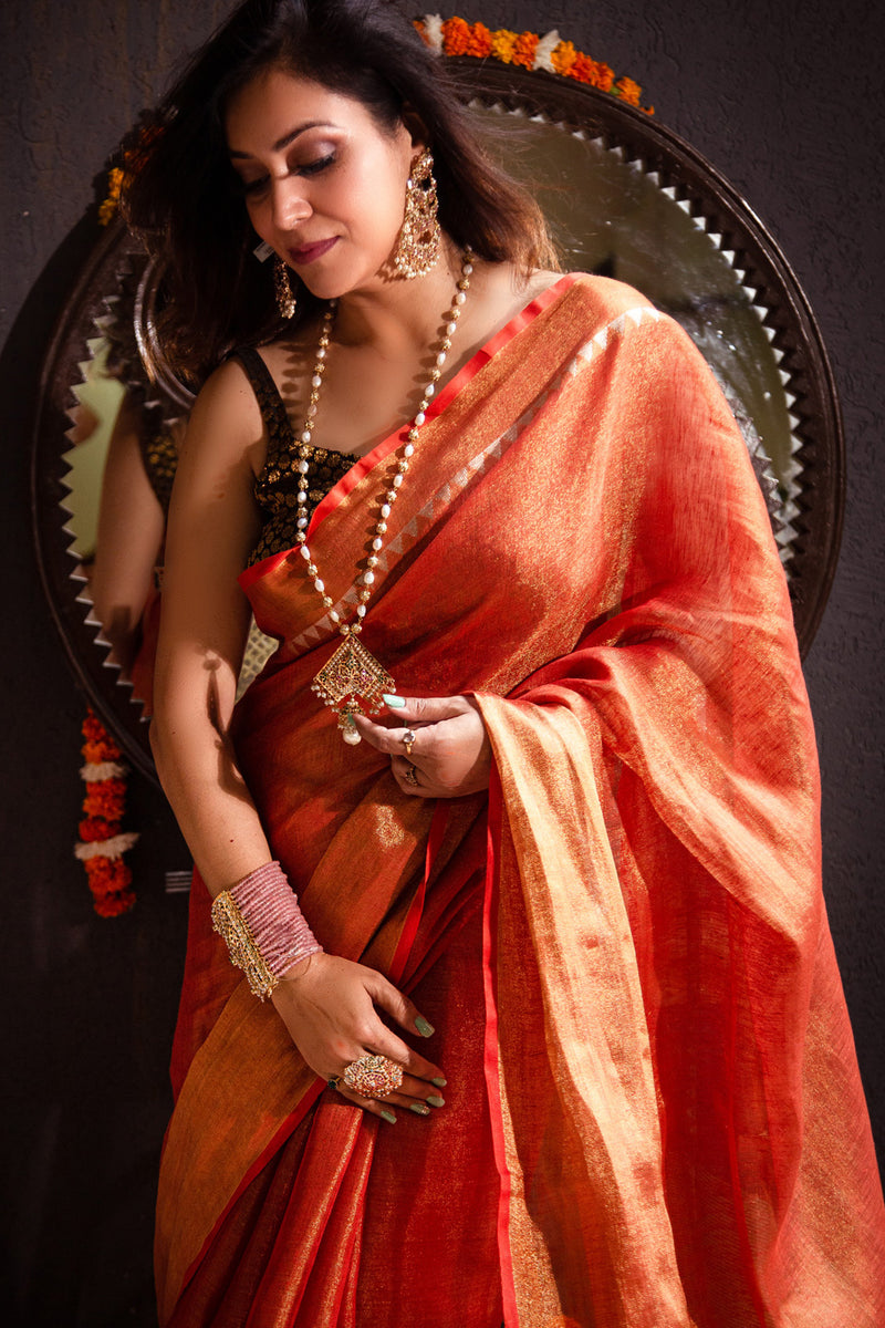 Rust Premium Tissue Linen saree