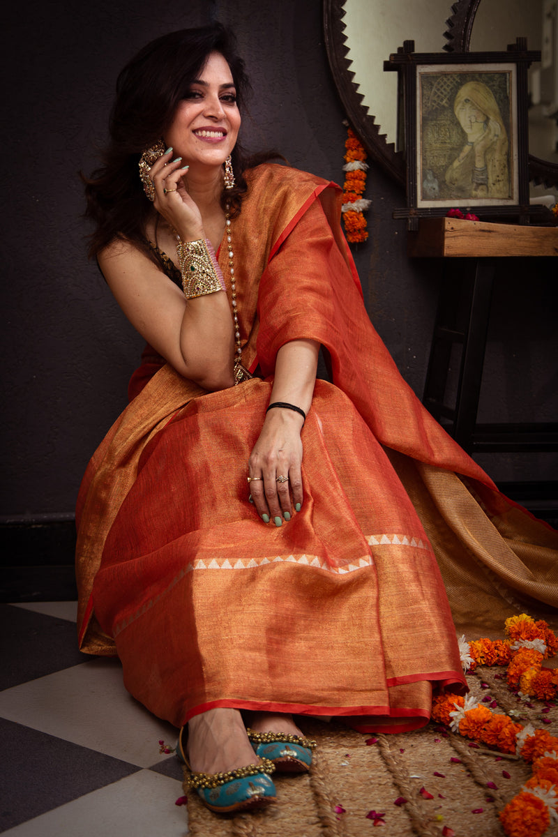 Rust Premium Tissue Linen saree