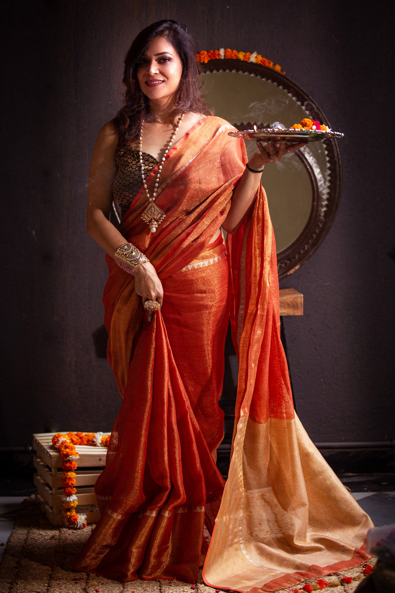 Rust Premium Tissue Linen saree