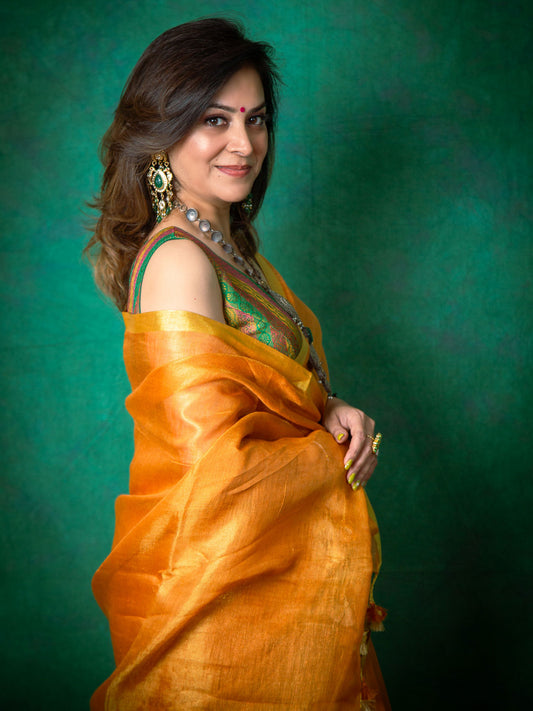 Marigold Yellow Tissue Linen Saree with Matching Running Blouse