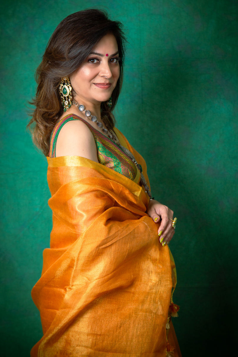 Marigold Yellow Tissue Linen Saree with Matching Running Blouse
