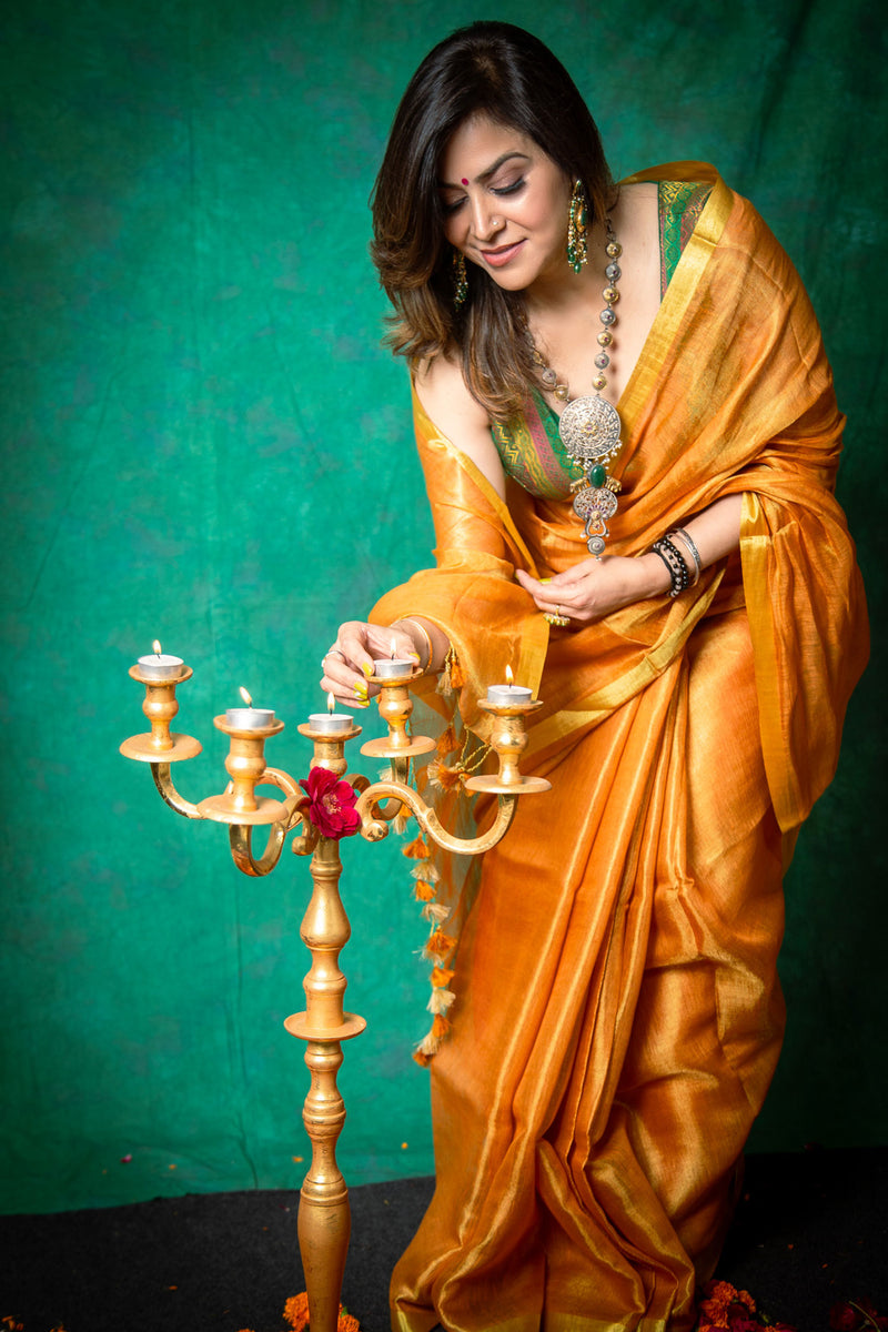 Marigold Yellow Tissue Linen Saree with Matching Running Blouse