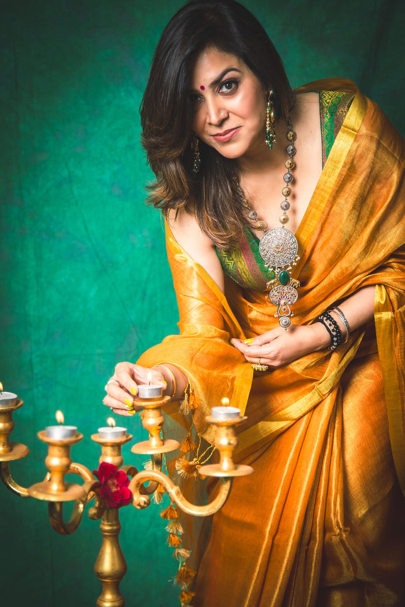 Marigold Yellow Tissue Linen Saree with Matching Running Blouse