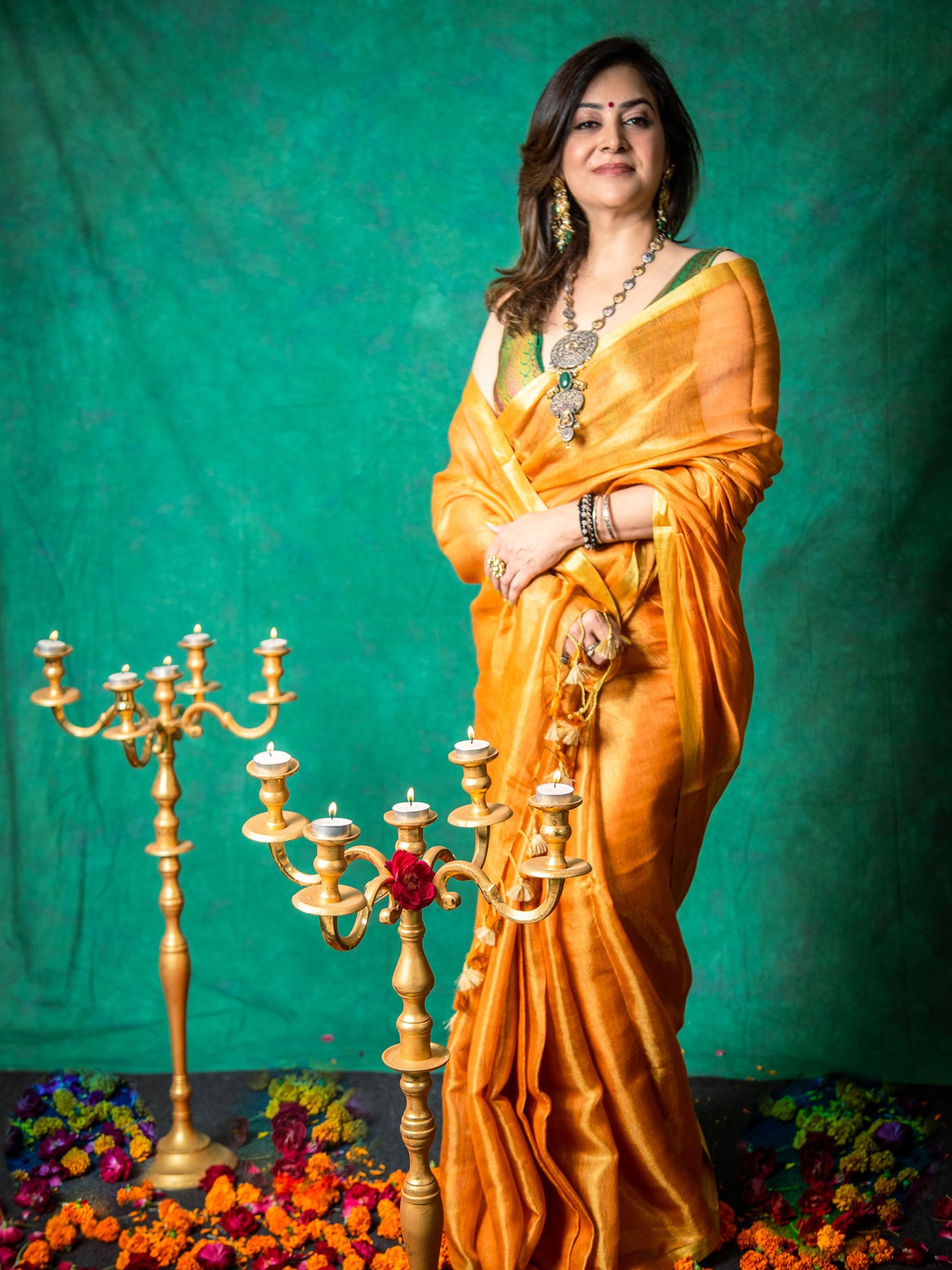 Marigold Yellow Tissue Linen Saree with Matching Running Blouse