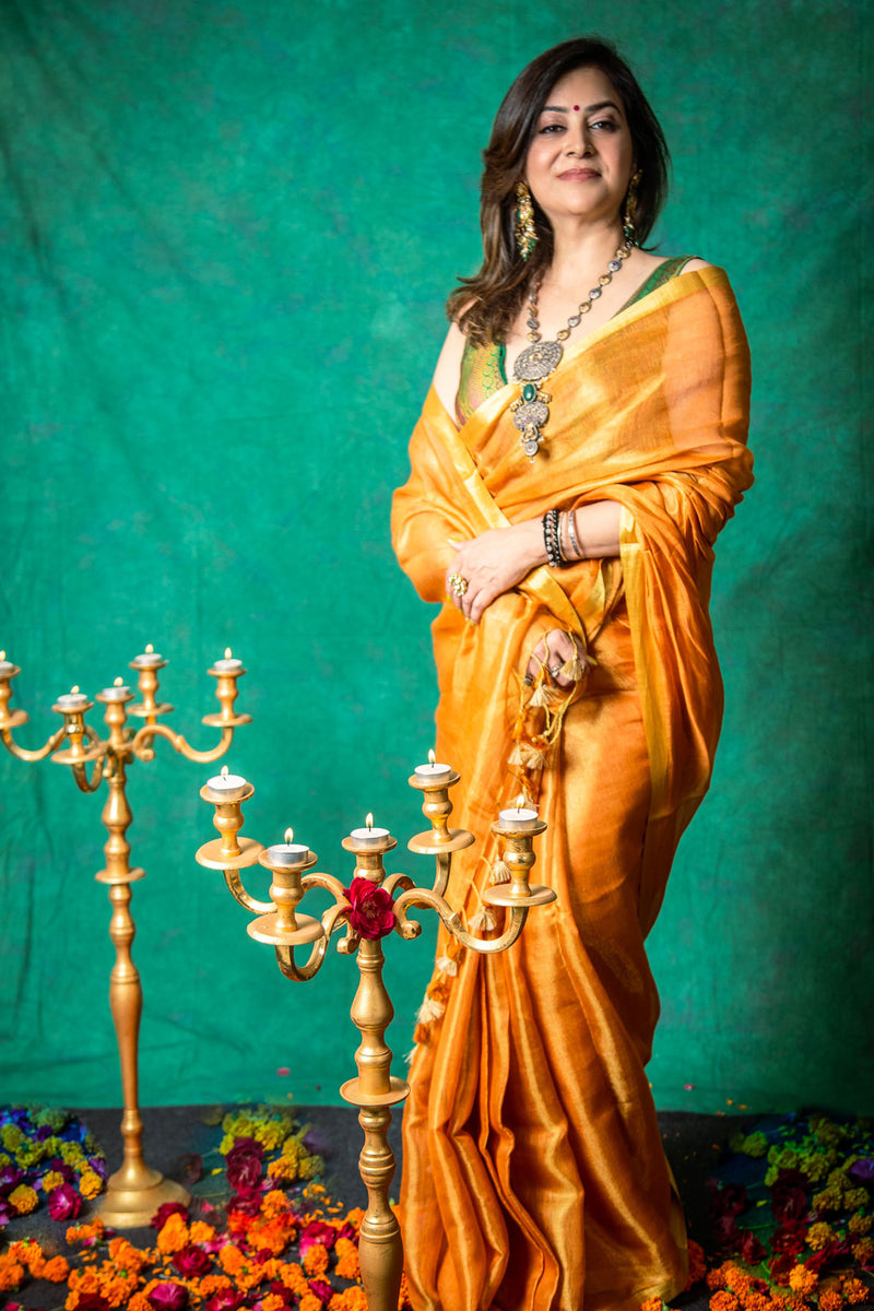 Marigold Yellow Tissue Linen Saree with Matching Running Blouse