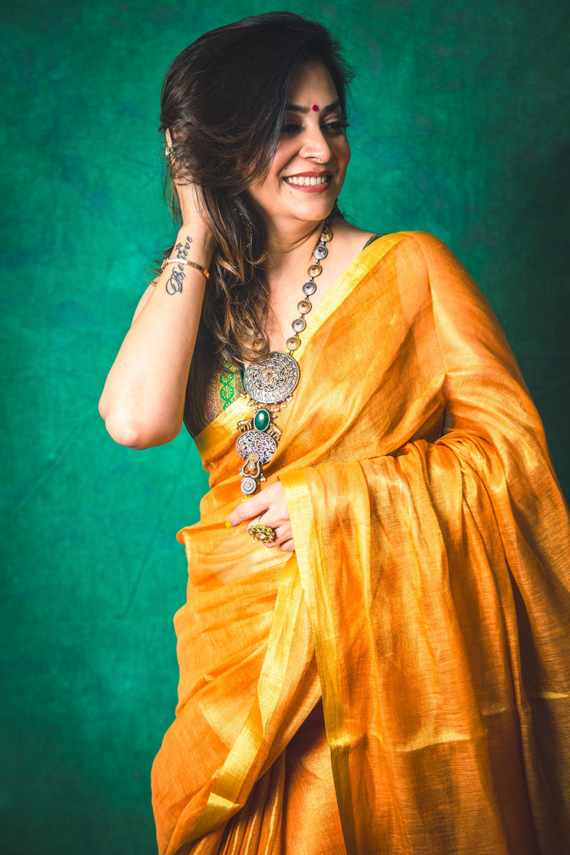 Marigold Yellow Tissue Linen Saree with Matching Running Blouse
