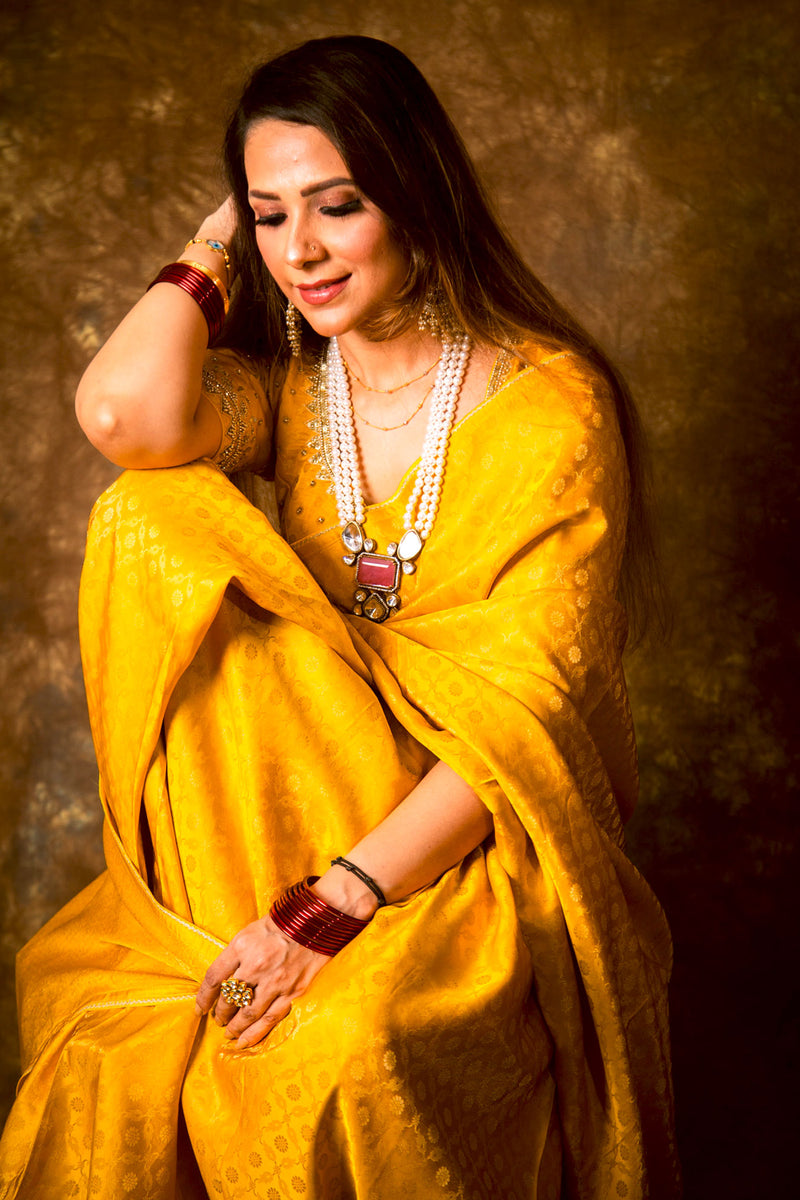 Amber Yellow Shimmer Georgette Saree With Handwork and Designer Padded Handwork Sweetheart Neck Blouse