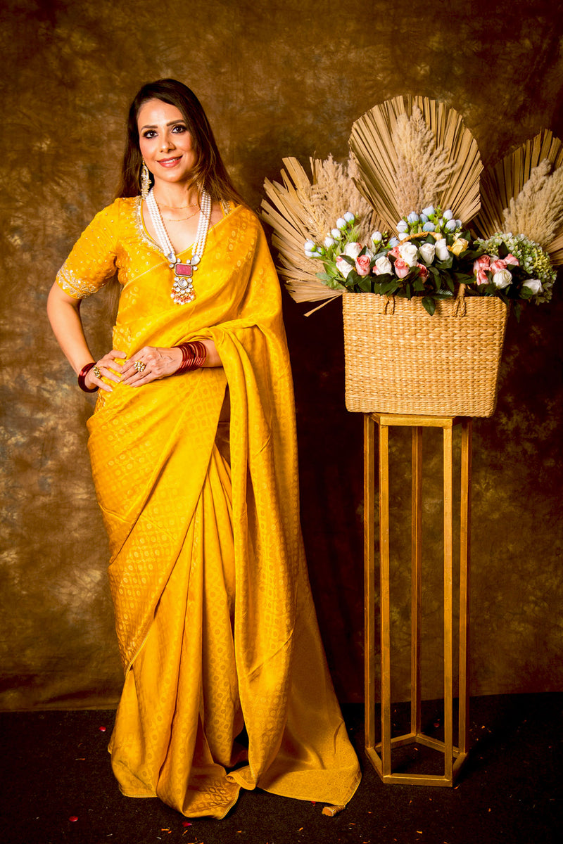 Amber Yellow Shimmer Georgette Saree With Handwork and Designer Padded Handwork Sweetheart Neck Blouse