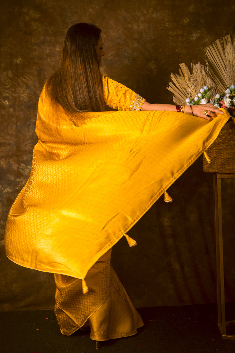 Amber Yellow Shimmer Georgette Saree With Handwork and Designer Padded Handwork Sweetheart Neck Blouse