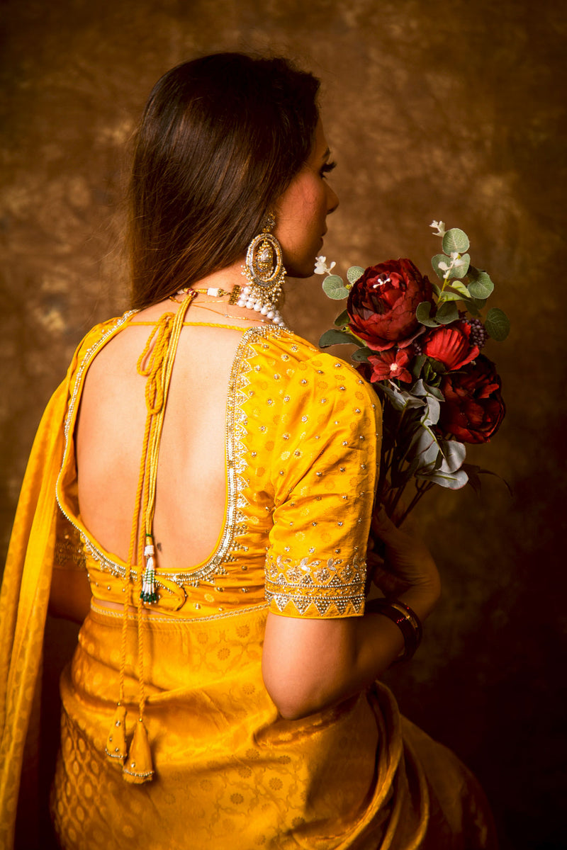 Amber Yellow Shimmer Georgette Saree With Handwork and Designer Padded Handwork Sweetheart Neck Blouse