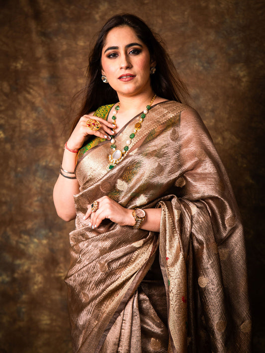 Cocoa Brown Tissue Organza Saree with Minakari Weaving & Matching Woven Blouse