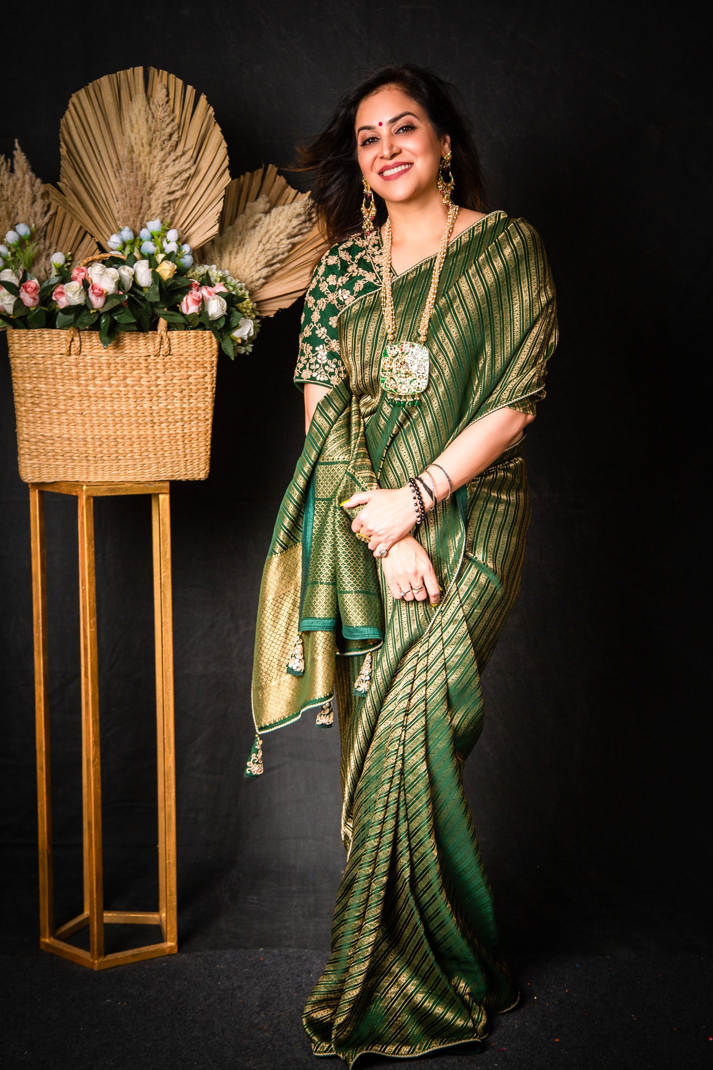 Bottle Green Banarasi Brocade Soft Silk Saree With Striped Weaving With Padded Heavy Handwork V Neckline Blouse