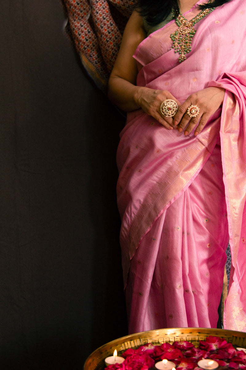 Handwoven Tassar Moonga Silk Saree in Pink