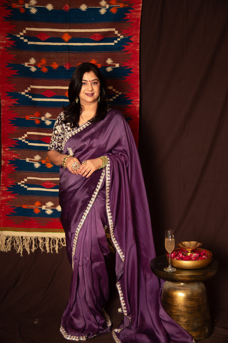 Wedding Wear Purple Satin Silk Saree with Heavy Embroidery