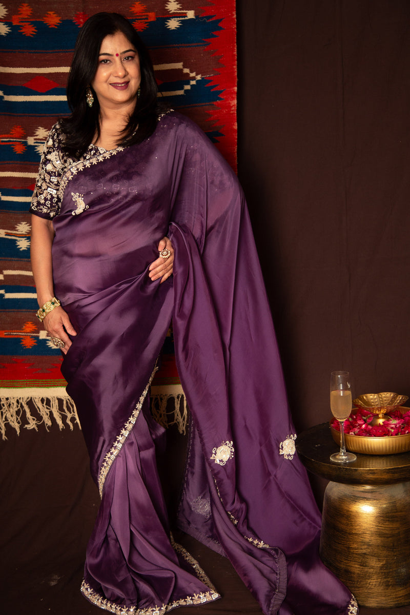 Embroidered Satin Silk Saree with Free Size Ready Blouse